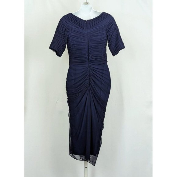Tadashi Shoji Dress Navy Blue Asymmetric Ruched Midi Nylon Blend Misses Size M - Picture 4 of 7